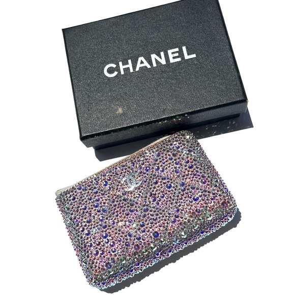 CHANEL Accessories - CHANEL Silver Swarovski Crystal Leather Key Pouch Case Holder
